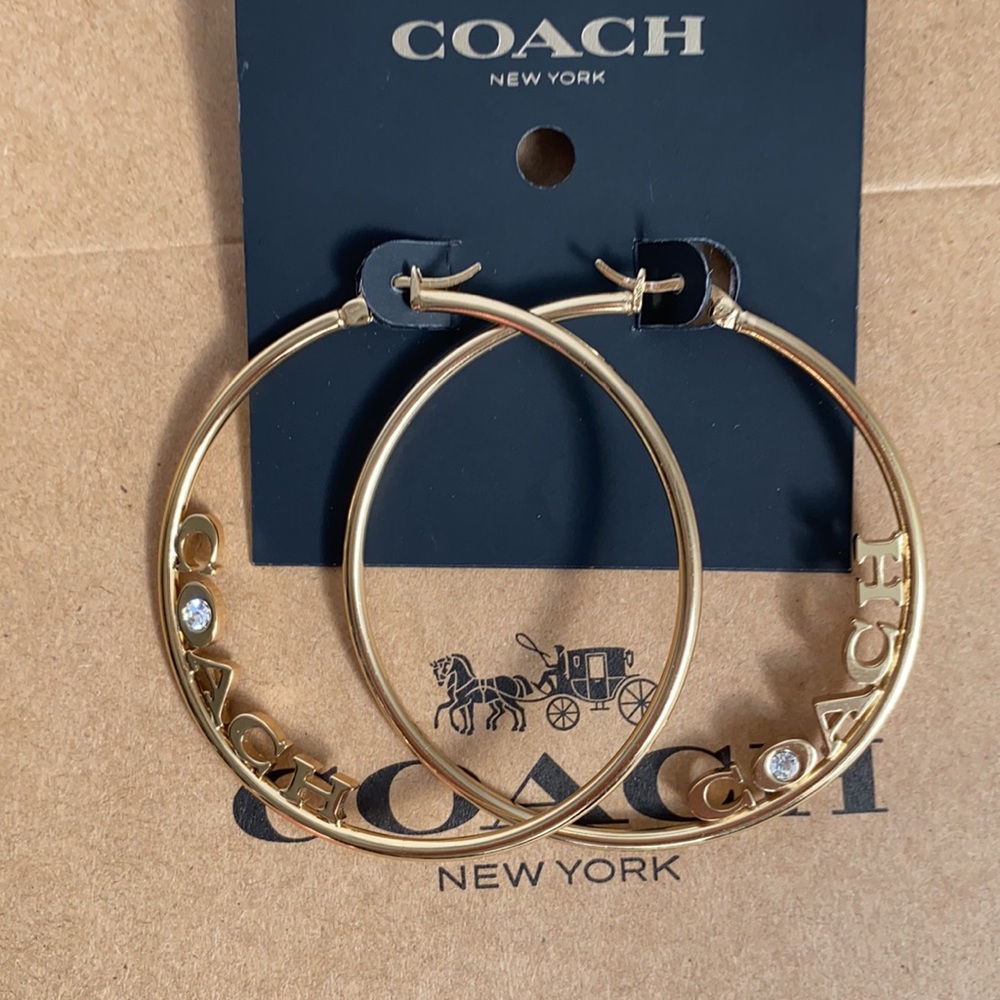 Coach X Jennifer Lopez Signature Hoops Earrings J-Lo Medium 2.25" Logo Gold - Picture 4 of 9